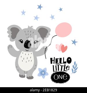 Cartoon koala, palla, iscrizione -ciao piccolo Illustrazione Vettoriale