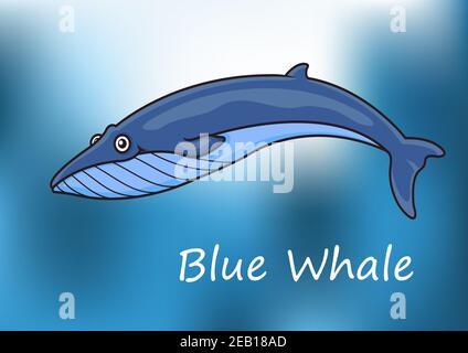 Cartoon blu balena nuotare sott'acqua con luce del sole e il Texte sur Blue Whale in basso Illustrazione Vettoriale