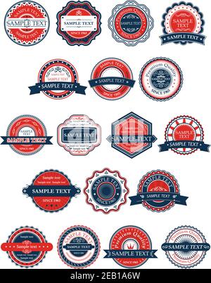 I badge o le etichette retrò circolari sono impostati in forme diverse, alcune con banner e tutte con testo di esempio modificabile in rosso, bianco e blu Illustrazione Vettoriale