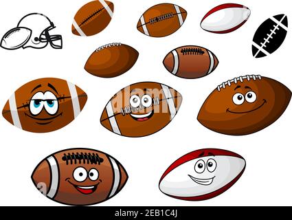 Set di palloni animati e palle di rugby personaggi in due Varianti con e senza sorridere faccia insieme con un americano casco da calcio Illustrazione Vettoriale