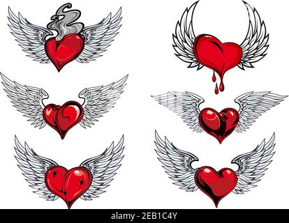 Icone colorate rosse e grigie con cuore alato con un gocciolare di sangue, un fumo caldo, in forme diverse per il design del tatuaggio Illustrazione Vettoriale