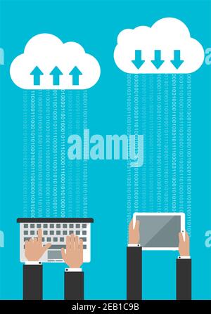 Condivisione o sincronizzazione dei dati nel cloud con l'uomo inserimento dei dati su un computer portatile e su un secondo uomo ricezione dei dati su un tablet Illustrazione Vettoriale