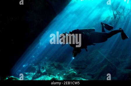 Immersione nel El Eden denote vicino Playa del Carmen sulla Riviera Maya nello Yucatan, Messico. Foto Stock