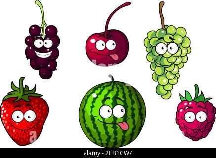 Carino frutti colorati e frutti di cartoni animati felici raffiguranti una fragola, ciliegia, uva verde e viola, anguria e lampone , illustrazione vettoriale Illustrazione Vettoriale