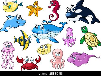 Cartoon animali di mare con emozioni felici isolati su bianco per fauna selvatica o mascotte design Illustrazione Vettoriale