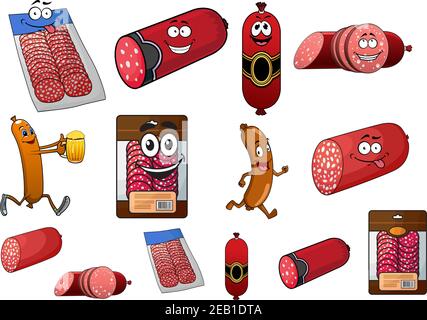 Cartoni animati, salsicce e salumi con varie forme e prodotti confezionati a fette Illustrazione Vettoriale