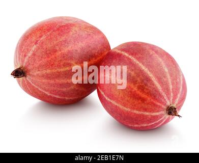 Primo piano di due bacche di uva spina rosse mature isolate su bianco sfondo con tracciato di ritaglio Foto Stock