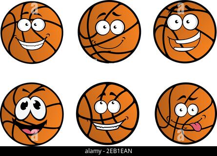 Personaggi da basket Cartooned con volti divertenti ed emozioni felici isolato su bianco per il design sportivo Illustrazione Vettoriale