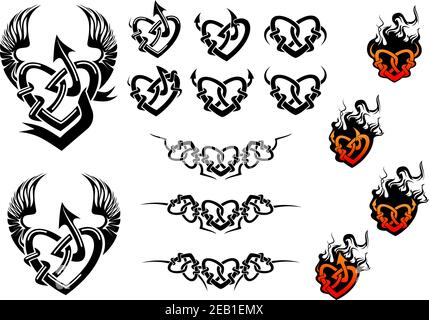 Tatuaggi di cuori intrecciati con ali e fiamme in nero e. bianco e colore Illustrazione Vettoriale
