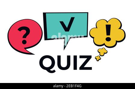 Logo del quiz in stile fumetto. Quiz gioco di cervello. Vettore Illustrazione Vettoriale