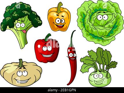 Verdure fresche e sane con sorrisi che si ripresentano come broccoli, peperone, lattuga, peperoncino, kohl e zucca o zucca, ve Illustrazione Vettoriale