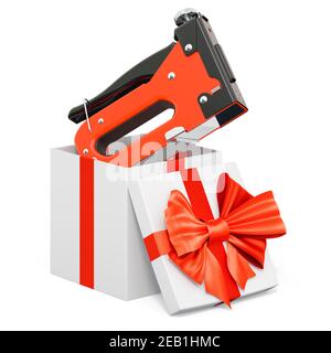 Pistola per graffette all'interno della confezione regalo, concetto attuale. Rendering 3D isolato su sfondo bianco Foto Stock