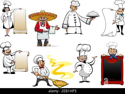 Varietà cartoon cinese, messicano, tedesco, spagnolo, francese e italiano chef o panettieri Illustrazione Vettoriale