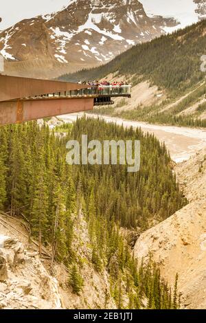 COLUMBIA ICEFIELD, ALBERTA, CANADA - GIUGNO 2018: Persone sul Glacier Skywalk ad Alberta, Canada. Lo Skywalk è una piattaforma panoramica con pavimento in vetro Foto Stock