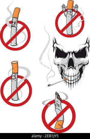 Cartello di divieto di fumo con sigaretta cartoon e cranio di pericolo per progettazione di concetto di salute Illustrazione Vettoriale