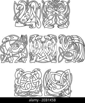 Drago mitologico celtico, cani, lupi, capra, airone, cicogna ornamento etnico tradizionale decorato per il tatuaggio o mascotte design Illustrazione Vettoriale