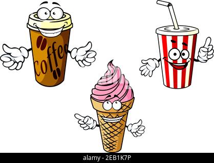 Cartoon caffè felice, soda, gelato personaggi raffiguranti bevande in tazze di cartone con tappi e paglia, dessert freddo in cono di waffle per fast food o t Illustrazione Vettoriale
