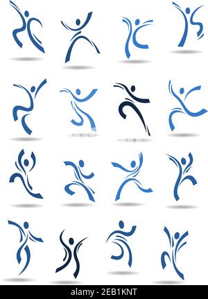 Icone astratte di danza con sagome blu di persone che ballano in diverse pose adatte per il design di logo o modelli di emblema Illustrazione Vettoriale