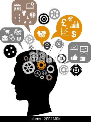 Silhouette di testa dell'uomo d'affari che pensa al processo di affari con gli ingranaggi e le bolle di discorso intorno lui che descrivono la riunione, gli accordi, la presentazione, f Illustrazione Vettoriale
