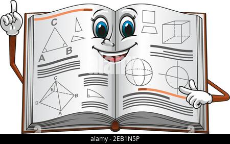 Sorridente cartoon libro di testo aperto che punta su una pagina con forme geometriche adatte per il concetto di istruzione o la progettazione di lezioni matematiche Illustrazione Vettoriale