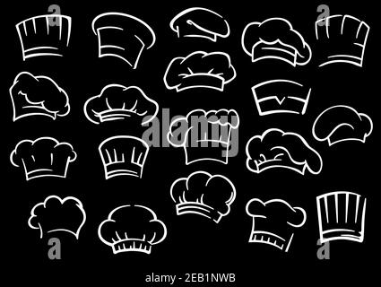 Cappelli o toques tradizionali dello chef in stile bozzetto isolato su sfondo nero adatto per il design di un menu di ristoranti o caffè Illustrazione Vettoriale