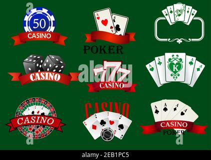 Le icone del casinò e del gioco d'azzardo insieme con i chip del casinò, la scommessa, la roulette, i dadi e le carte Illustrazione Vettoriale