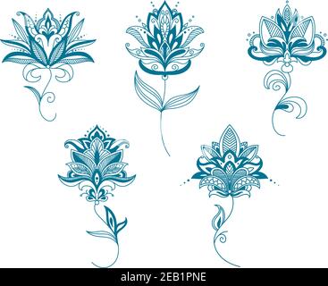 Delicati fiori blu persiani in stile paisley con punta ricurva petali e lunghi steli ondulati per un design romantico Illustrazione Vettoriale