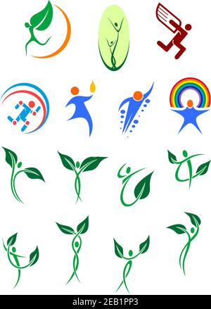 Eco-friendly e protezione dell'ambiente simboli astratti che mostrano sagome di persone con foglie verdi, arcobaleno e ali in colori blu e verde Illustrazione Vettoriale