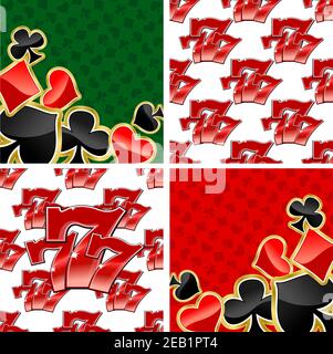 Jackpot modelli senza giunture e Casino si adatta carte sfondi con ripetuti rosso lucido tre sette 777 su bianco e brillante spade, diamante, lui Illustrazione Vettoriale