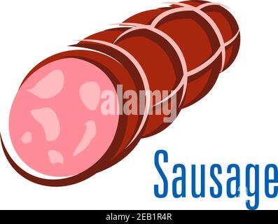 Salsiccia di maiale affumicata con pezzi di carne isolati su bianco Sfondo con salsiccia di testo blu per il mercato della carne o macellaio acquista design Illustrazione Vettoriale