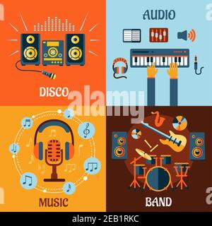 Musica, audio, discoteca, band icone flat con strumenti musicali, microfono e cuffie circondato note, registrazione attrezzature studio e impianto stereo w Illustrazione Vettoriale