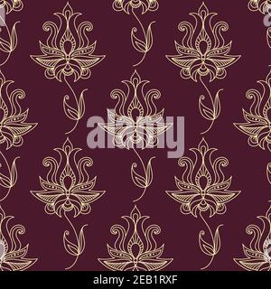 Modello di fioritura etnica vintage senza cuciture con fiori beige astratti stile paisley su sfondo viola per stampa tessile indiana o. desig riempimento pagina Illustrazione Vettoriale