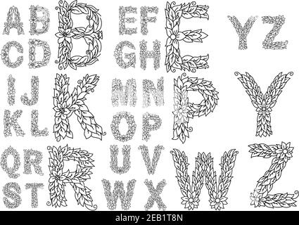 Lettere maiuscole alfabetiche con ornamento fogliame decorato fiori lussureggianti e. tendini curly nello stile di schizzo del contorno per le iniziali o l'invito design Illustrazione Vettoriale