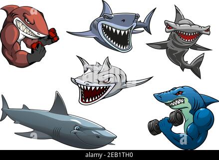 Cartoon arrabbiato pericolosi squali personaggi tra cui squali sportivi, caccia grigio, bianco e squali martello isolato su sfondo bianco Illustrazione Vettoriale