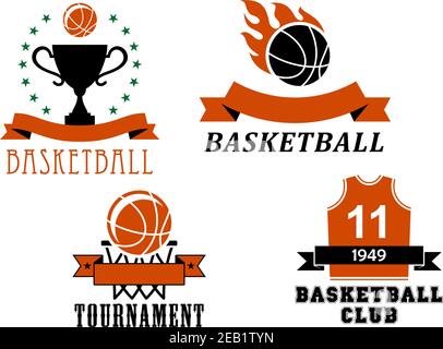 Modelli di emblema per club di pallacanestro e tornei, tra cui palla da basket con fiamma, maglia uniforme, coppa trofei, palla nel cestello, ban di nastro decorato Illustrazione Vettoriale
