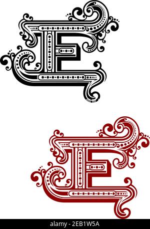 Lettera maiuscola retrò e con elementi vintage ricci e. decorazioni per monogramma o emblema Illustrazione Vettoriale