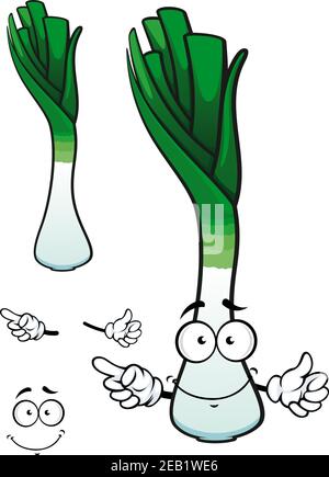Personaggio vegetale di porro fumetto raffigurante una cipolla sorridente con un verde luminoso germogli isolati su sfondo bianco per una nutrizione vegetariana o sana de Illustrazione Vettoriale