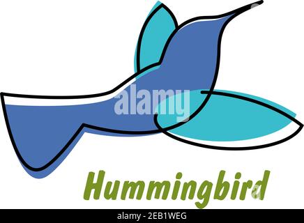 Colibrì contornata blu in volo simbolo o logo con piccolo uccello aggraziato con lungo becco sottile isolato su bianco sfondo Illustrazione Vettoriale