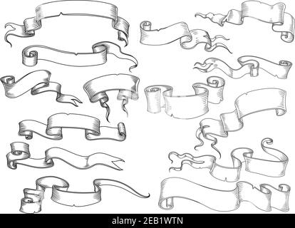 Rotoli, manoscritti e striscioni a nastro in stile d'incisione vintage isolati su sfondo bianco per il design araldico o storico Illustrazione Vettoriale