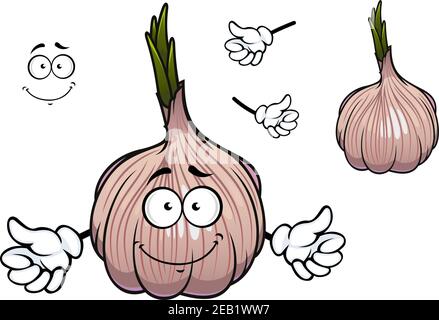Bulbo di cartoon aglio carattere vegetale racchiuso in sottile lucido guaina di papano con germogli piccanti verdi sulla parte superiore per concetto di nutrizione sana des Illustrazione Vettoriale