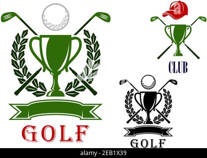 Golf club o torneo emblema e distintivi modelli di design con coppe trofei, mazze incrociate, palle, corona d'alloro e bandiera di nastro bianco e il secon Illustrazione Vettoriale