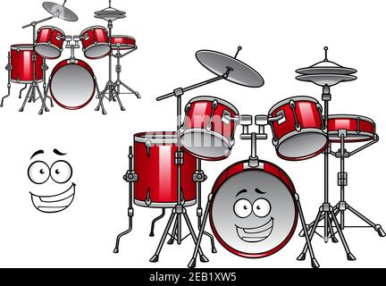 Cartoon rosso drum set carattere con brillanti piatti e felice volto sorridente adatto per il design musicale Illustrazione Vettoriale