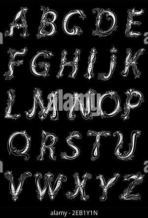 Lettere maiuscole floreali in stile vintage con fiore petali e foglie scorrono su sfondo nero Illustrazione Vettoriale