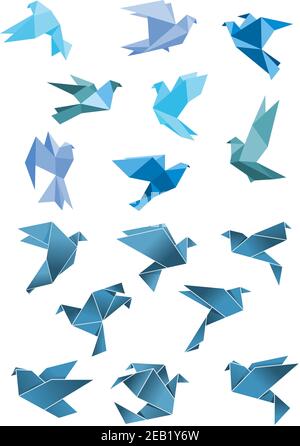 Set di piccioni volanti blu stilizzato in carta Origami e colombi, isolato su bianco, per un design concettuale di pace e libertà Illustrazione Vettoriale