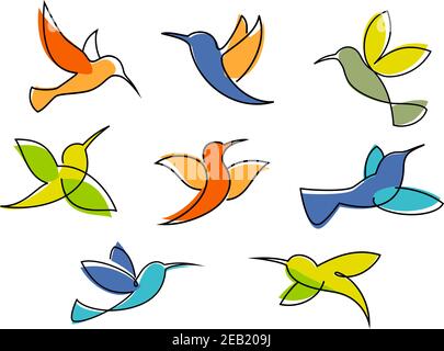 Simboli colorati di colibrì in diverse pose per il logo aziendale o. design emblema in stile bozzetto isolato su sfondo bianco Illustrazione Vettoriale