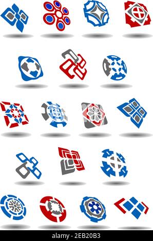 Astratto geometrico business branding logo o emblemi design modelli con elementi di fiori, labirinti e curve in rosso, blu, grigio Illustrazione Vettoriale