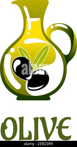 Vaso di vetro con olio d'oliva e olive nere isolate sfondo bianco Illustrazione Vettoriale