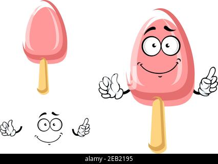 Cartone animato gioioso gelato rosa fruttato su un bastone o. ghiaccio lolly carattere isolato su sfondo bianco Illustrazione Vettoriale