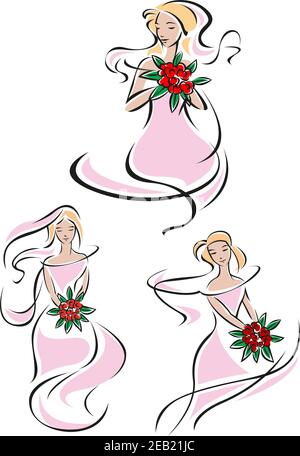 Graziosi schizzi rosa di doodle femminile di una sposa che tiene uno bouquet di rose rosse in tre diverse posizioni con lei abito e capelli che scorrono Illustrazione Vettoriale