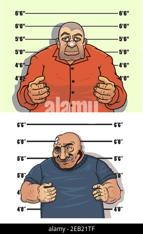 Ladro e bandito personaggi che si pongono di fronte allo spettatore sulla tabella altezza, polizia mug stile negozio Illustrazione Vettoriale